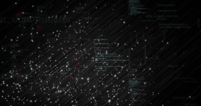 Pulsing field of glowing dots forming diagonal streaks in virtual UI, with teal code, red markers - Powered by Adobe