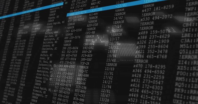 Displaying monitor showing code columns at control room, ERROR entries, blue row, dotted globe