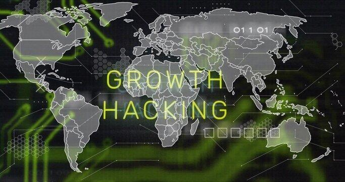 Displaying wide world map graphic centered on dashboard, featuring neon yellow GROWTH HACKING - Powered by Adobe