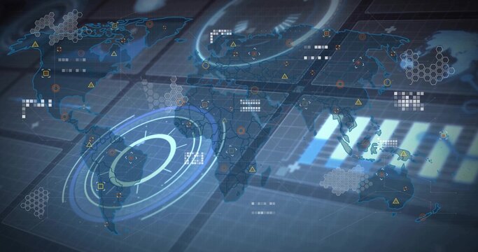 Displaying hologram world map and HUD over grid, showing concentric rings, hex tiles, warning icons - Powered by Adobe