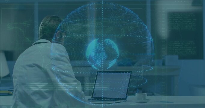 Analyzing man in white lab coat viewing holographic globe above laptop at research lab with folders - Powered by Adobe