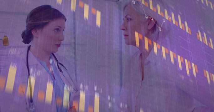 Talking doctor in white coat advising patient in light blouse in clinic, stethoscope, purple charts - Powered by Adobe