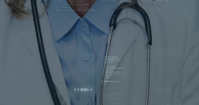 Showing senior clinician wearing lab coat and blue shirt at clinic with stethoscope 110011 overlay