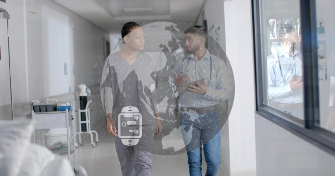 Walking two staff in hospital, nurse in scrubs, doc in shirt, holding tablet, telehealth overlay - Powered by Adobe