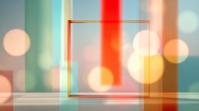 Transparent geometric frame with colorful vertical light streaks and soft bokeh in a modern abstract composition