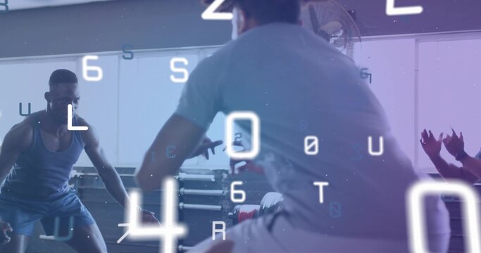 Leading adult male in light t-shirt and shorts directing workout at gym, with mirror overlay