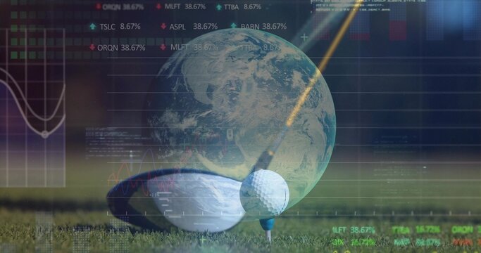Resting golf ball on blue tee at driving range, driver head aligning, with globe, financial charts