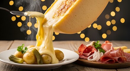 Raclette Feast: A close-up shot of a raclette cheese being poured over a bed of potatoes and pickles, alongside a platter of cured meats, evoking the warmth of a delightful meal.