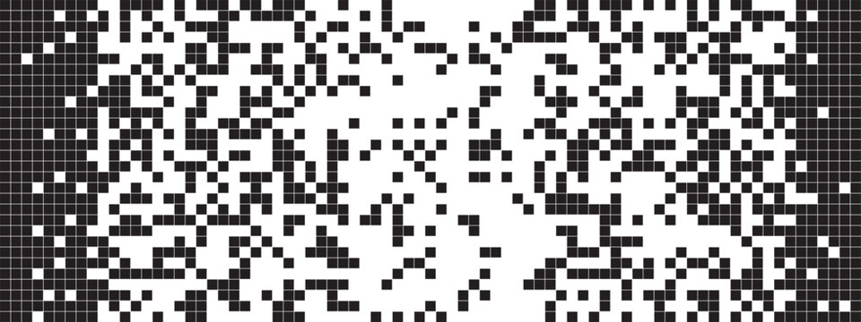 Defragmentated pixels background. Square shapes wallpaper. Mosaic tile pattern. Dissolution, destruction or disintegration effect. 8 bit arcade computer game texture. Vector graphic illustration