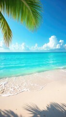 Fototapeta premium Relaxing sunny day at the beach with gentle waves lapping the shore, clear blue sky, and soft sand Perfect summer vacation scene , beautiful, sun