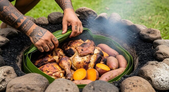 A Culinary Unveiling: A culinary artisan unveils a traditional Maori Hangi, revealing tender roasted chicken, sweet potatoes, and golden fruits nestled within a bed of vibrant green leaves.