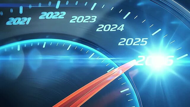Happy new year 2026 Digital display resembling a speedometer, showing years from 2021 to 2026, with a bright light on 2026 and a pointer, symbolizing the future, new year, progress, goals