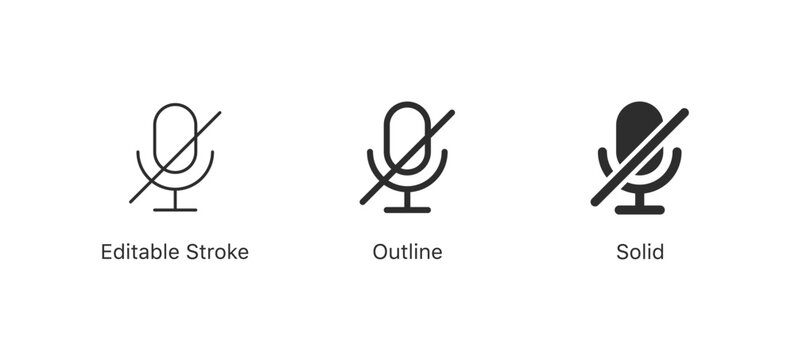Muted Microphone icon (mic with a diagonal line) in editable stroke, outline, and solid black styles for audio control, call controls, voice settings, and modern UI elements