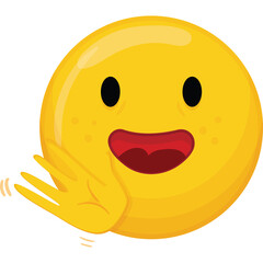 Yellow Smiley Face Emoticon Waving Hello with a Big Smile and Freckles on a Transparent Background