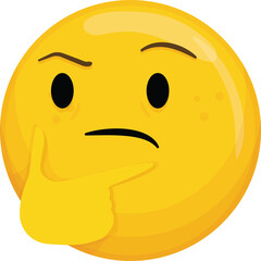 Yellow face emoji thinking gesture with hand on chin isolated on transparent background