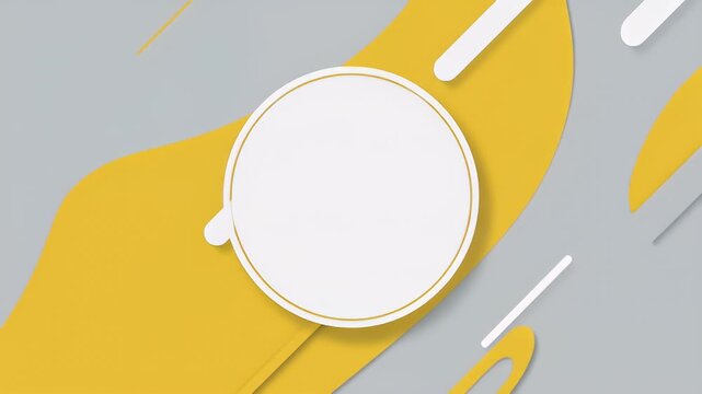 Modern yellow and grey geometric flat background with white circle frame and moving liquid shapes.