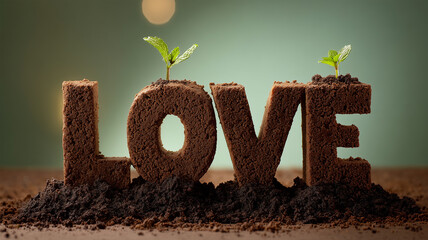 ケーキ風にかたどったLOVE文字とミントの芽の構図