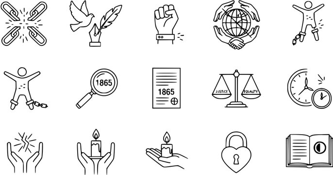 Line icons representing freedom, justice, human rights, and the abolition of slavery, with historical elements like 1865, peace, equality, and advocacy concepts.
