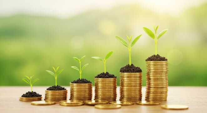 Stacks of coins with growing plants symbolize financial growth and prosperity
