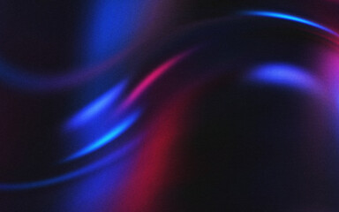 Abstract swirling ribbons of vibrant blue and pink neon light with film grain texture on dark background, motion blur effect, digital art, futuristic concept