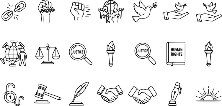 Human Rights and Justice Line Icons. Set of Outline Symbols for Freedom, Peace, Law, Equality, and Global Social Justice. Vector Illustrations.