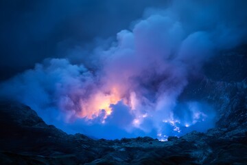 Blue flames rising from a volcanic crater under thick swirling smoke.