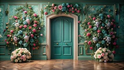 Heres a creative and descriptive title along with a list of highly relevant keywords  A charming, vintageinspired floral wall with a striking teal