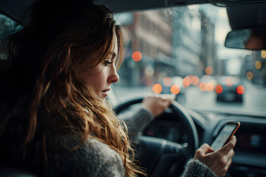 Crop woman using smartphone while driving car