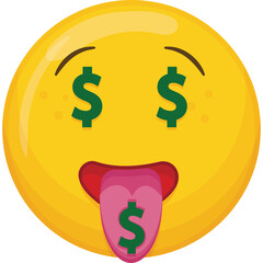 Yellow smiley face with dollar signs for eyes and a dollar sign on its tongue expressing excitement about money on a transparent background