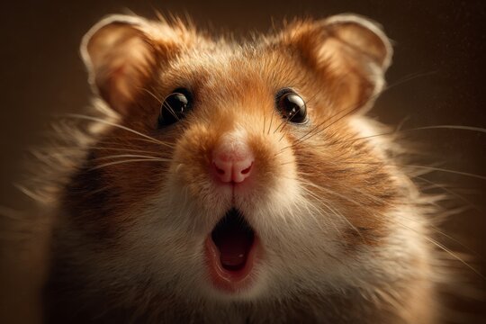 Close-up of hamster with puffed cheeks and startled eyes.