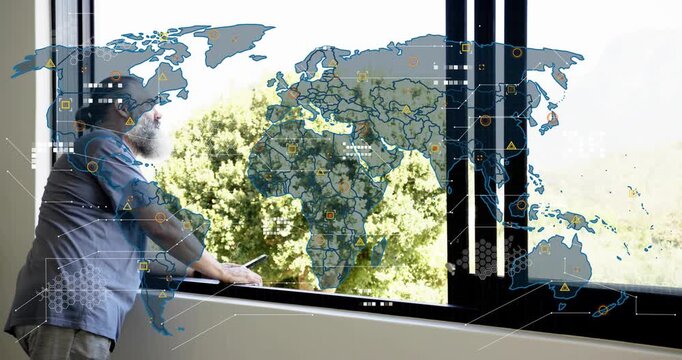 Man leaning on window sill tapping phone initiating AR HUD map overlay aligning tree analyzing data
