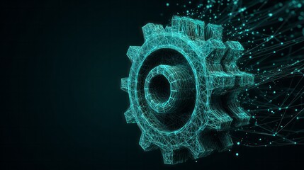 Digital representation of a mechanical gear dissolving into network data streams against a dark background
