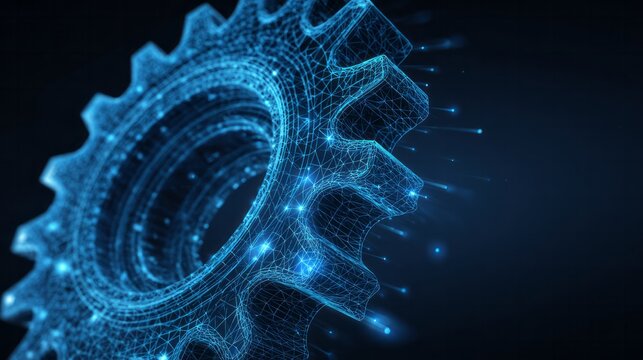 Glowing digital gear mechanism appears as a complex wireframe structure against a dark background - Powered by Adobe