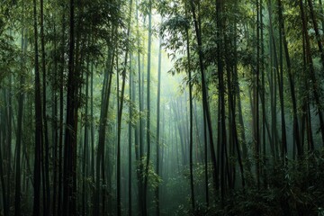 Dense bamboo forest with long shafts of sunlight breaking through.