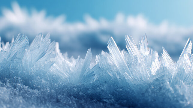 Close-up view of intricate ice crystals forming on a frozen surface, showcasing delicate structures and shimmering textures, creating a captivating winter wonderland atmosphere