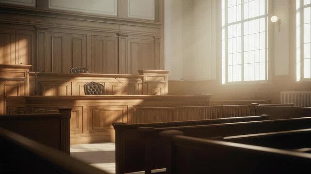 Empty courtroom bathed in sunlight, highlighting wooden furnishings