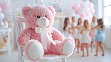 Pink teddy bear on white chair with playing children