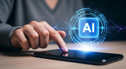 Hand touching ai interface on smartphone with glowing effects and digital technology background