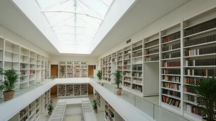 Spacious, modern library with white interiors and glass ceiling