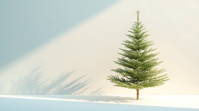 A solitary green Christmas tree stands against a plain, light-colored wall.