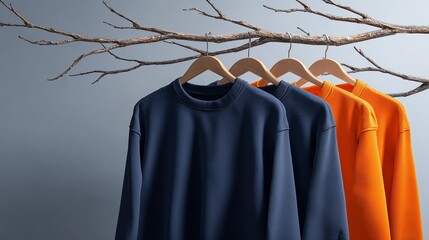 Colorful sweatshirts hanging on a branch against a gray wall showcasing modern fashion style, clothing store