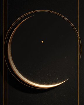 Crescent-shaped window silhouette with thin gold border in a minimal layout.