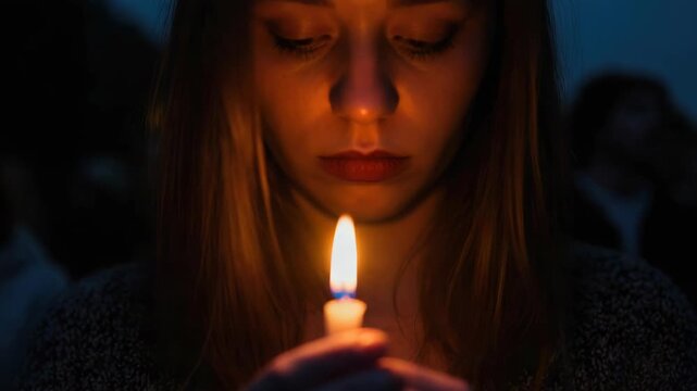 Woman holding candle during evening vigil or memorial
