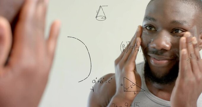 Man pressing face, viewing mirror, camera pulling back and revealing math diagrams aiding education