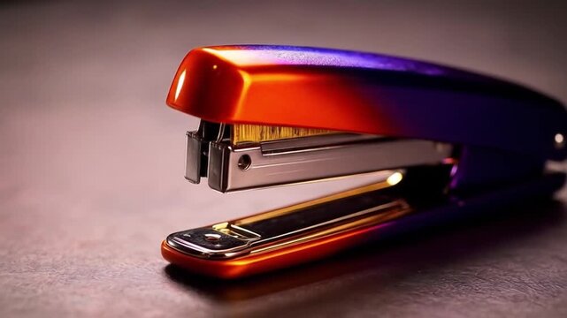 Close up of a metallic stapler on a textured surface studio lighting