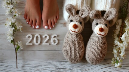 Cozy knitted rabbit slippers beside bare feet and flowers with wooden numbers marking the year 2026. Pedicure beauty salon workshop handicrafts knitting handicrafts