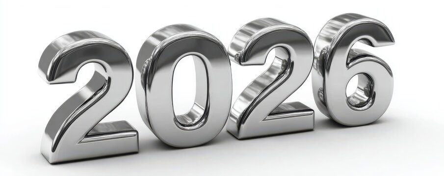 Futuristic shiny chrome 2026 numbers design for new year celebration and decor