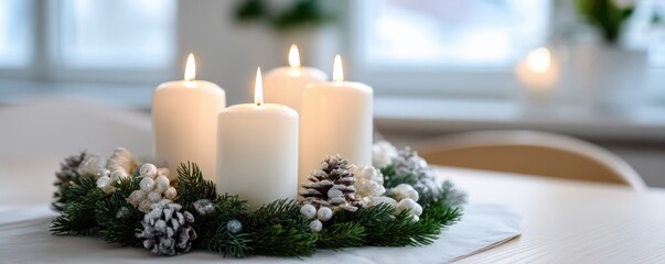 Elegant christmas wreath with three lit candles for festive decor and holiday ambiance