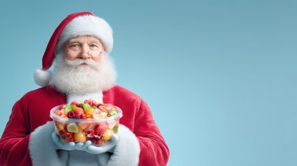 A senior Caucasian man dressed as Santa Claus holds a bowl of colorful fruit. The background is a light blue, providing ample copy space for text. christmas delivery