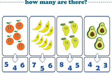 Counting game of fruits for preschool kids. Printable. Vector Illustration